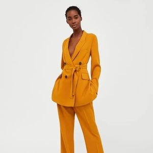 Zara Mustard Belted Jacket + Trousers Suit Set